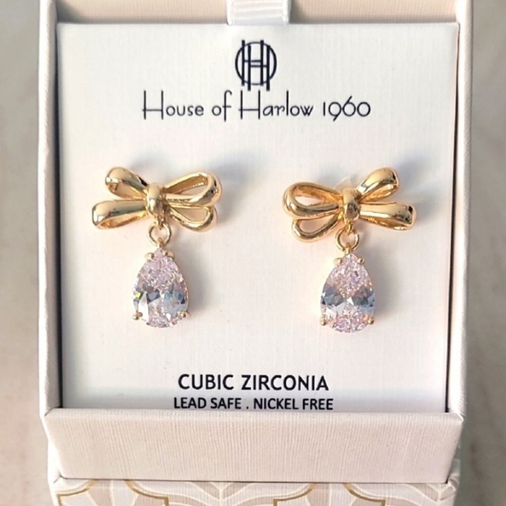 💎▪️ House of Harlow▪️ 1960 Gold  Cubic Zirconia Bow Drop Earrings